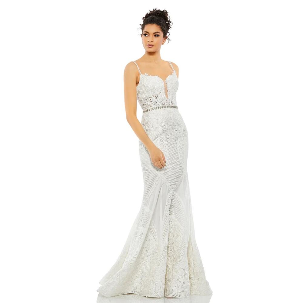 Mac Duggal 79082 Ivory Embroidered Sleeveless Plunge Neck Trumpet Gown